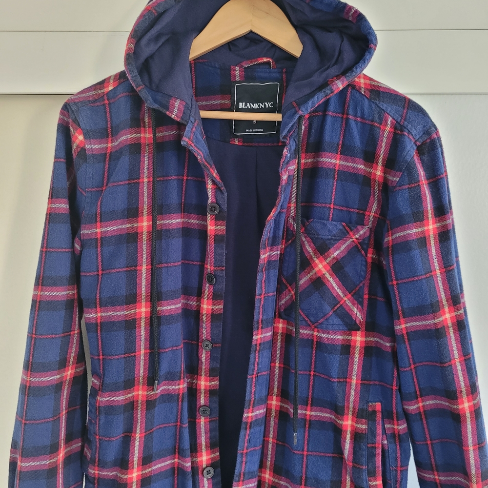 Blank NYC Men's Blue and Pink Plaid Hooded Jacket